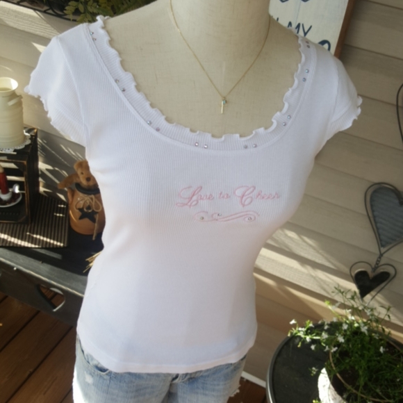 KAVIO ♡ White Embroidered Pink "Love to Cheer" Ruffled Embellished Bling Top XL - Picture 4 of 17